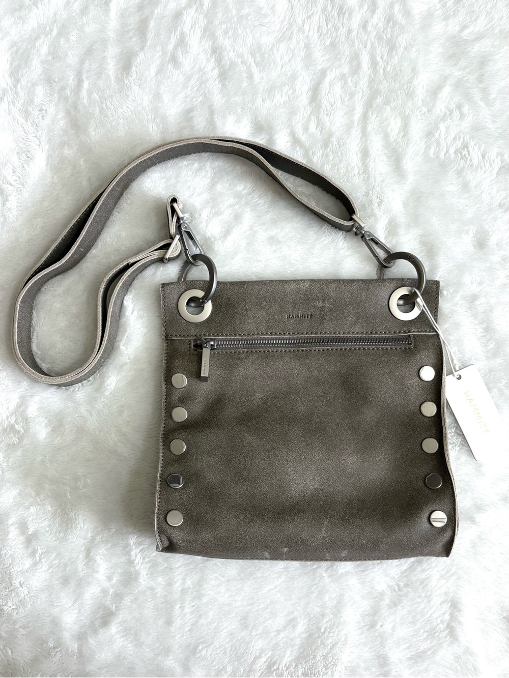 New Hammitt Tony Medium Pewter Leather Crossbody with Brushed Silver Accents